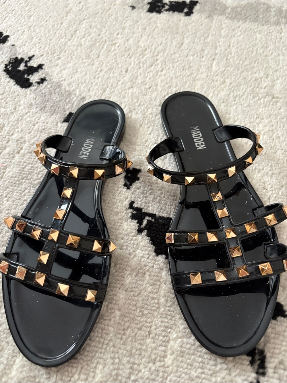 Madden Girl Black Patent Slide Sandals with Gold Pyramid Studs